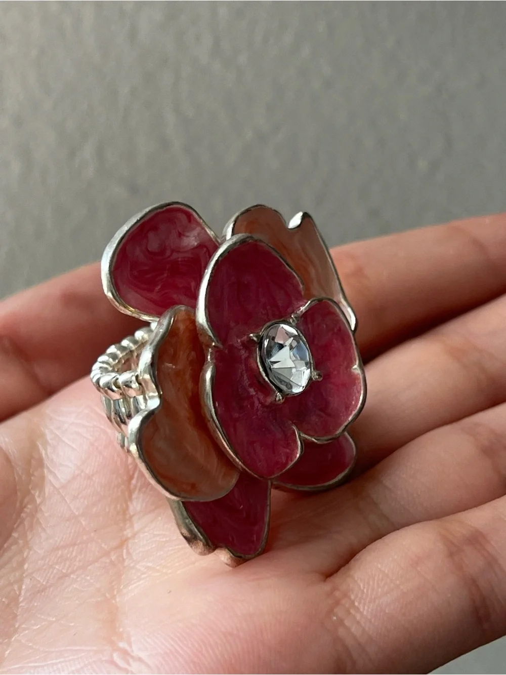 Pink & Peach Enamel Flower Ring with Crystal Center